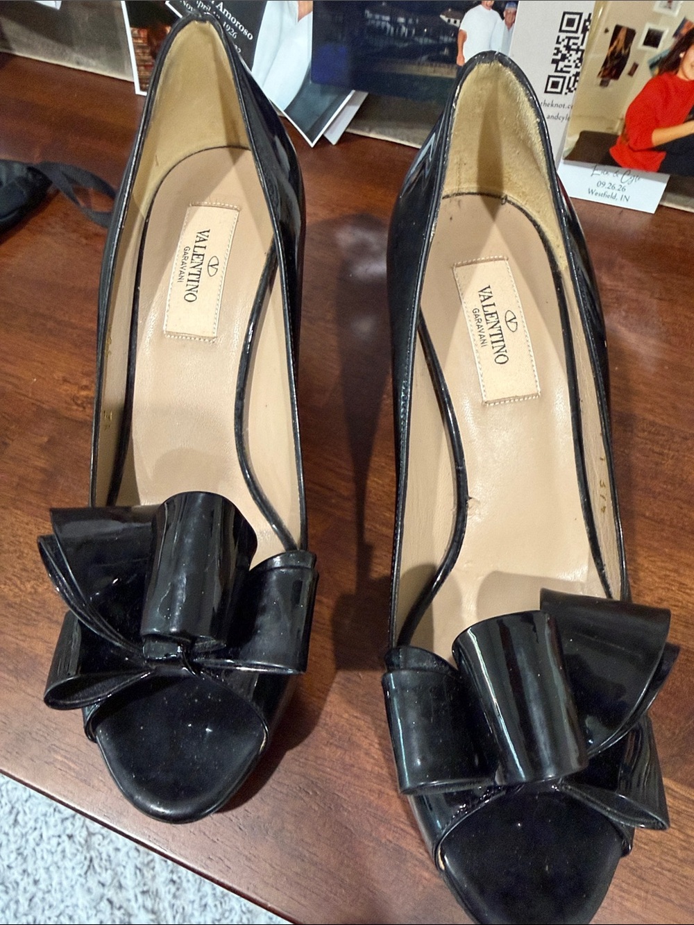 Valentino Black Patent Bow Peep-Toe Pumps with Decorative Bow.